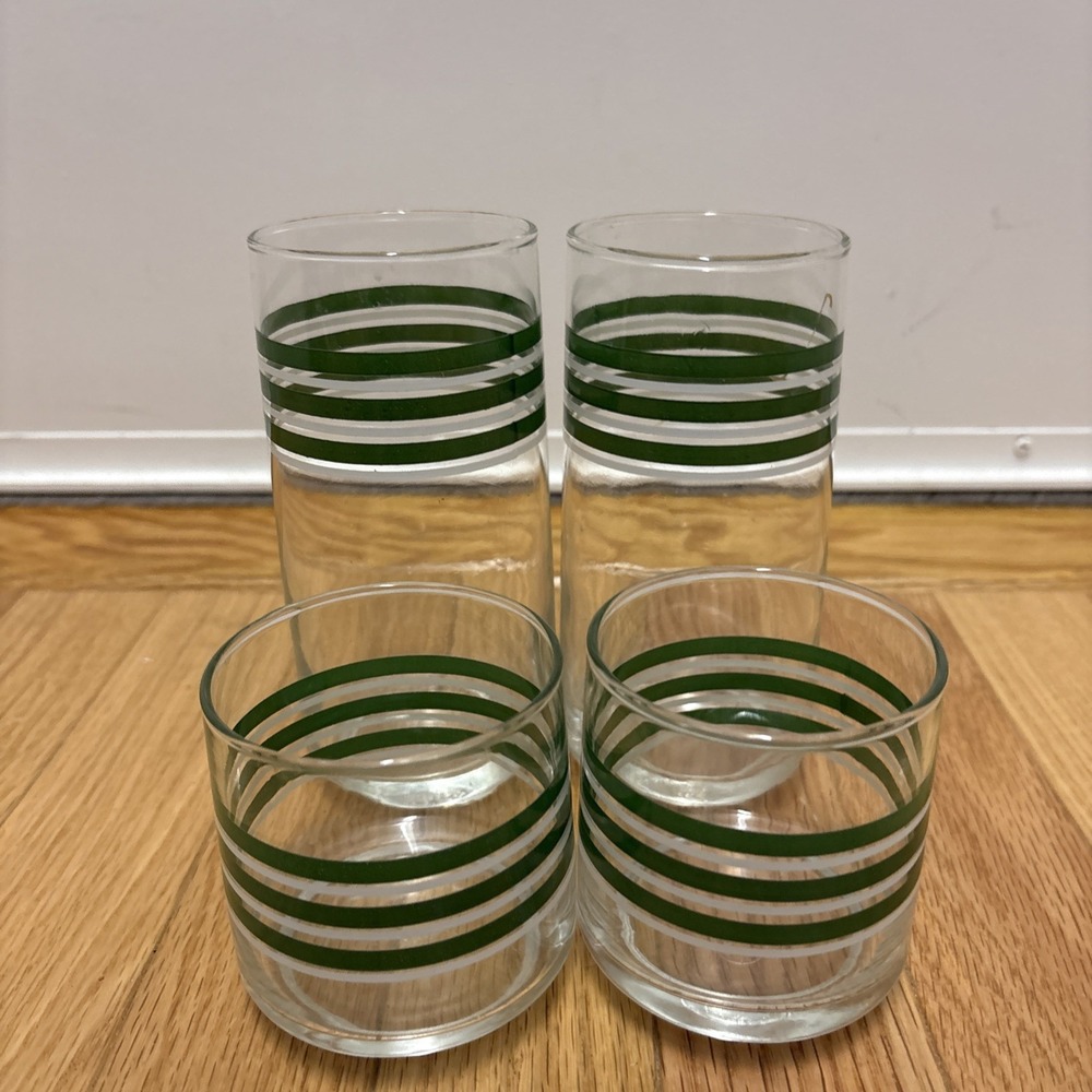 Vintage Retro Libby Green and White Striped  Glasses‎ Tall & Juice-  Set of 4